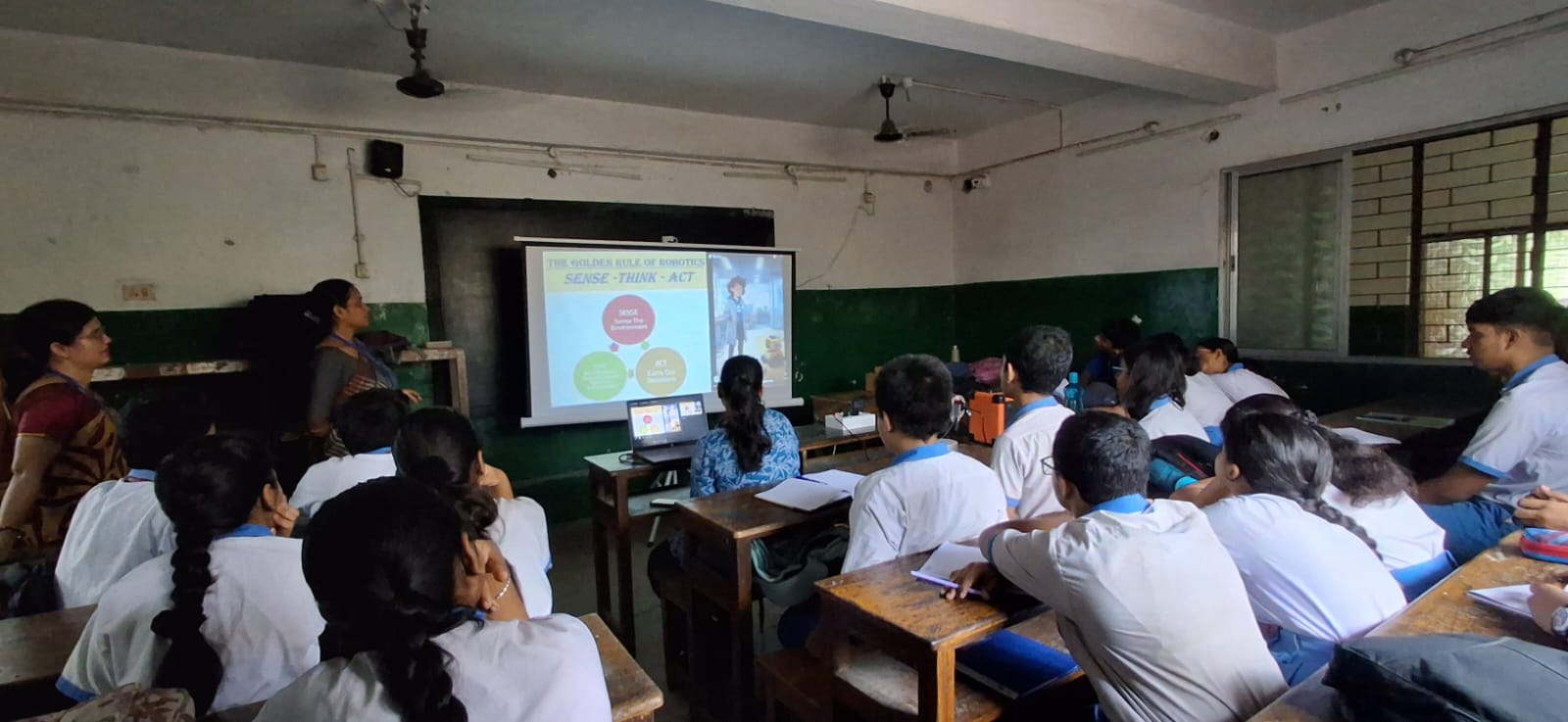 Students learning the sense, think and act principles of robotics at Pathabhavan Dankuni